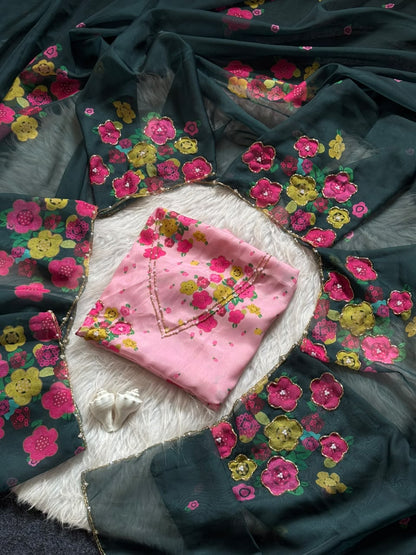 Soft Tabby Organza Silk Floral Saree with Designer Cut Beadwork & Pearl Work