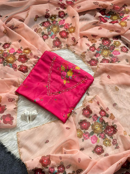 Soft Tabby Organza Silk Floral Saree with Designer Cut Beadwork & Pearl Work