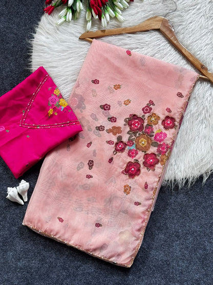 Soft Tabby Organza Silk Floral Saree with Designer Cut Beadwork & Pearl Work