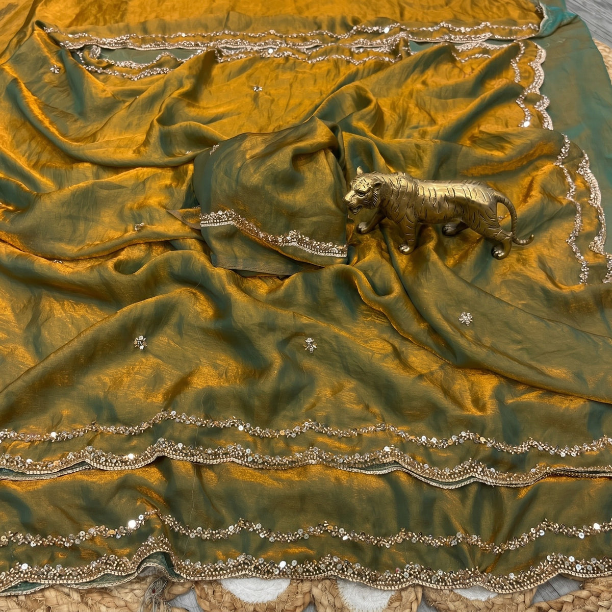 Fendy Satin Silk Saree with Sequin Embroidery & Scalloped Borders
