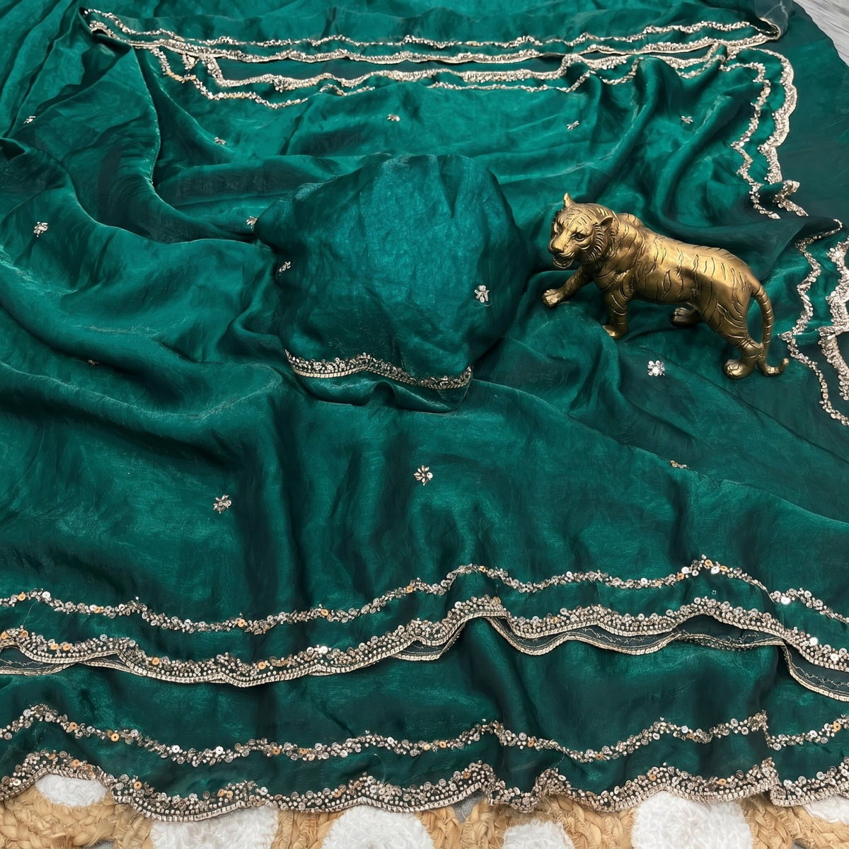 Fendy Satin Silk Saree with Sequin Embroidery & Scalloped Borders