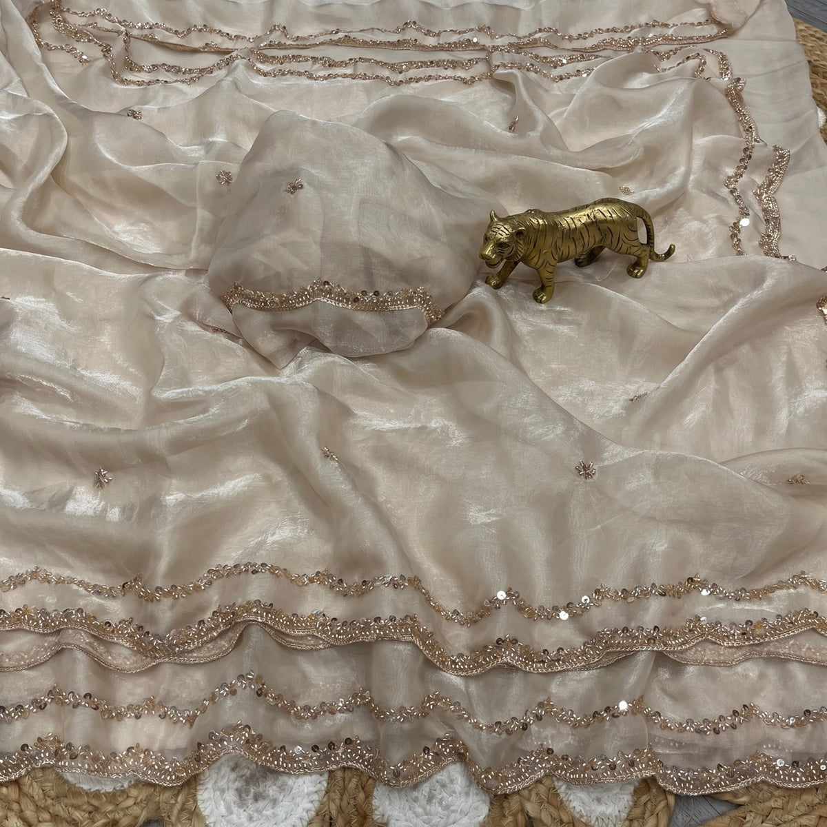 Fendy Satin Silk Saree with Sequin Embroidery & Scalloped Borders