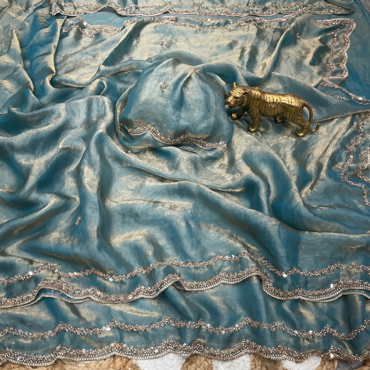 Fendy Satin Silk Saree with Sequin Embroidery & Scalloped Borders