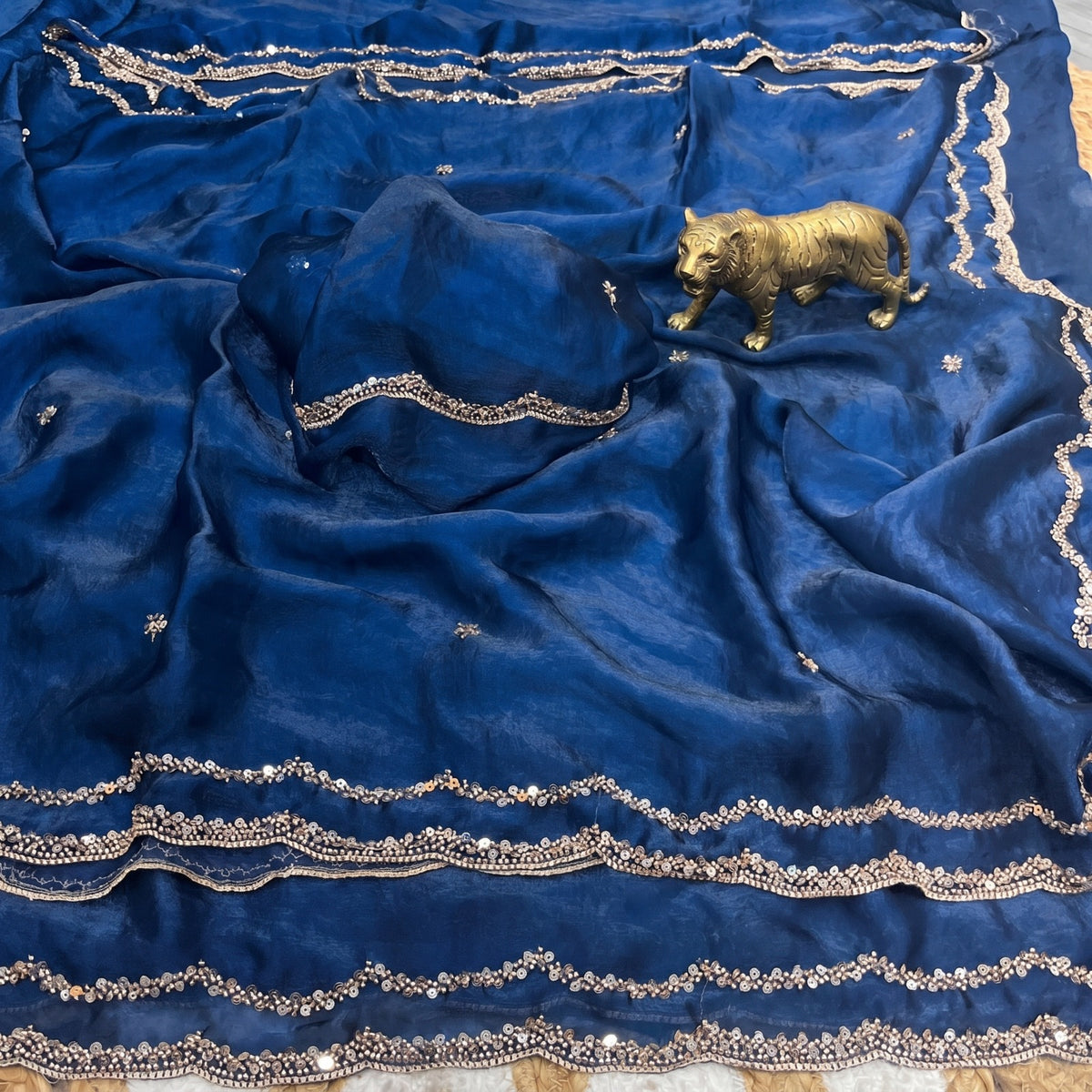 Fendy Satin Silk Saree with Sequin Embroidery & Scalloped Borders