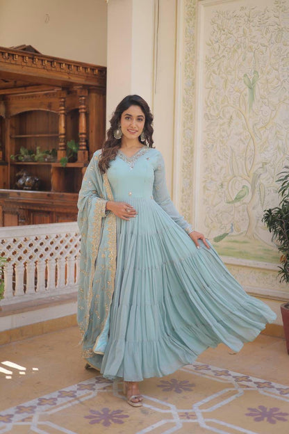 Georgette Sequin Embroidered Flared & Frilled Suit