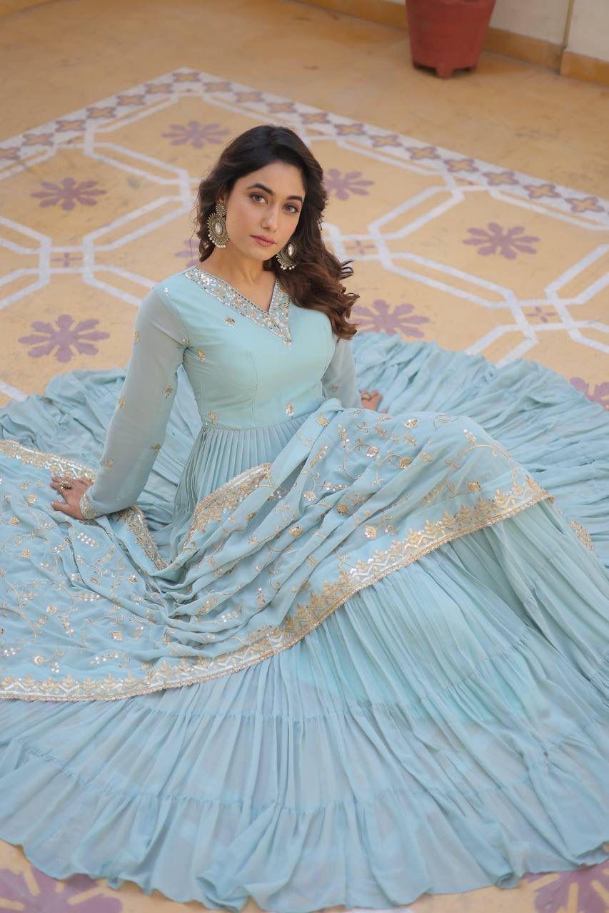 Georgette Sequin Embroidered Flared & Frilled Suit