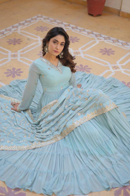Georgette Sequin Embroidered Flared & Frilled Suit