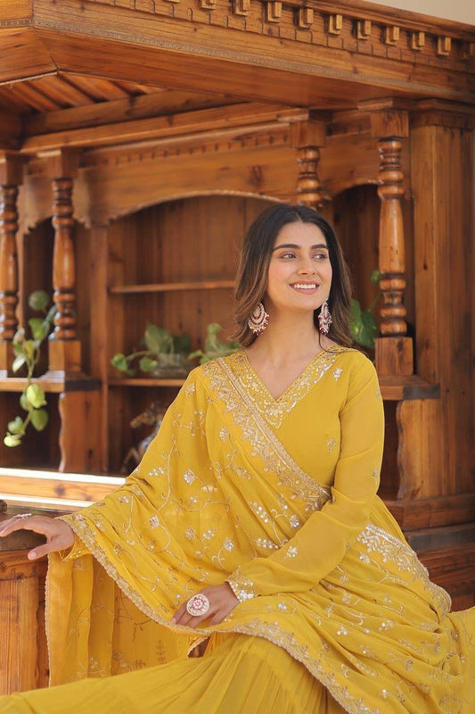 Georgette Sequin Embroidered Flared & Frilled Suit