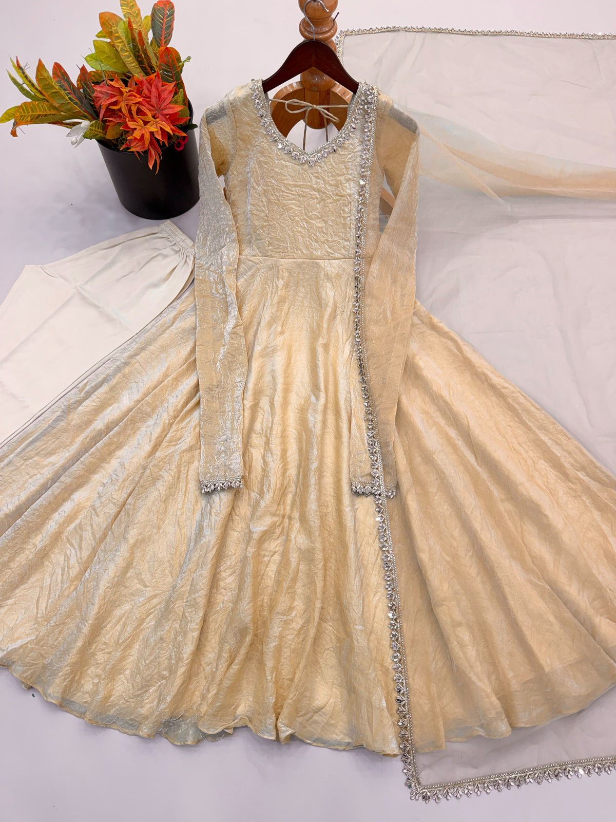 Readymade Crunchy Silk Flared Suit with Real Mirror Lace Border