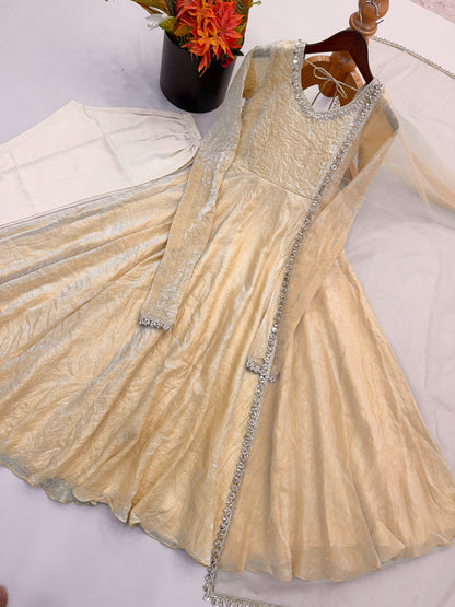 Readymade Crunchy Silk Flared Suit with Real Mirror Lace Border