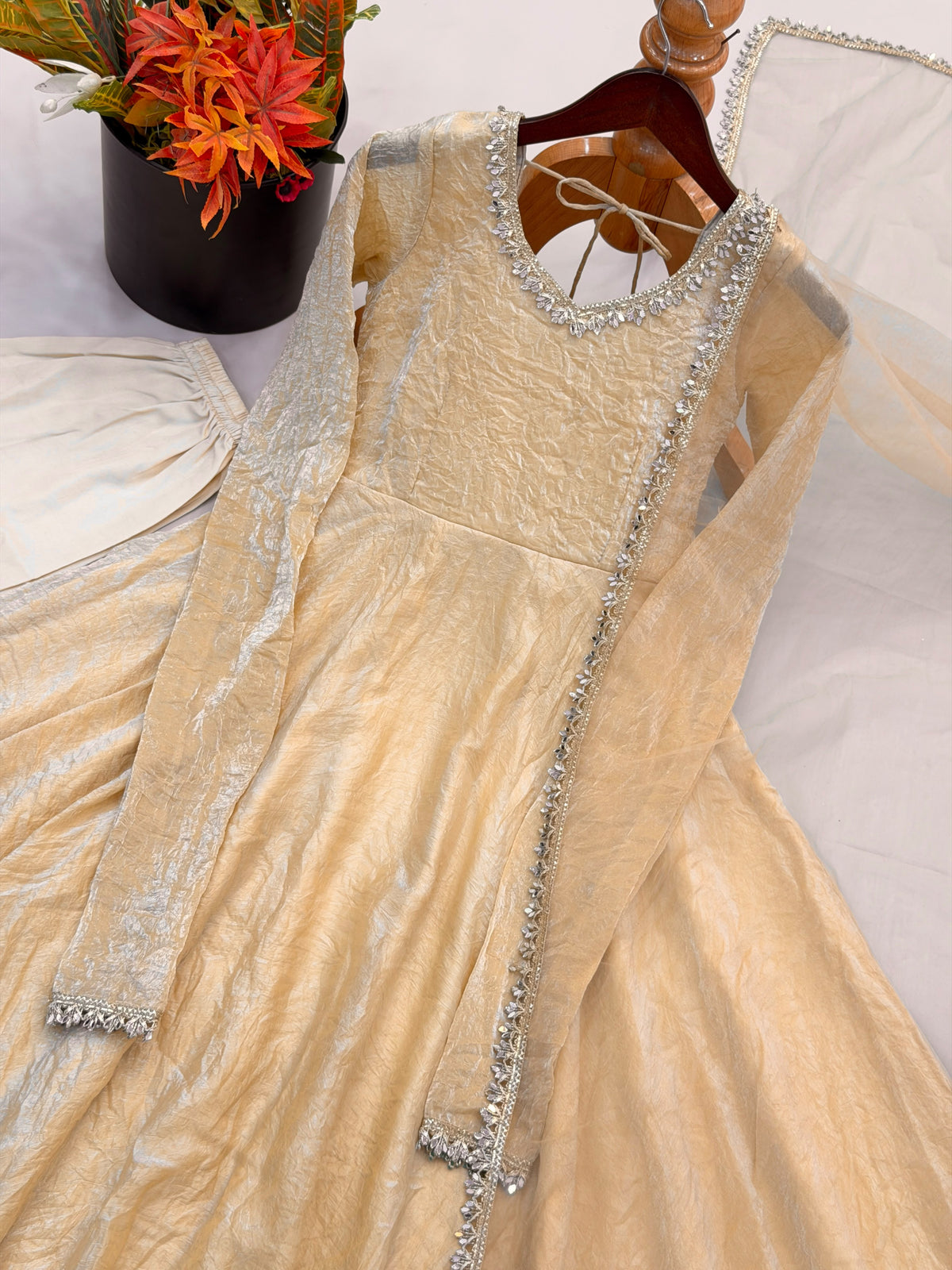 Readymade Crunchy Silk Flared Suit with Real Mirror Lace Border