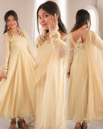 Readymade Crunchy Silk Flared Suit with Real Mirror Lace Border