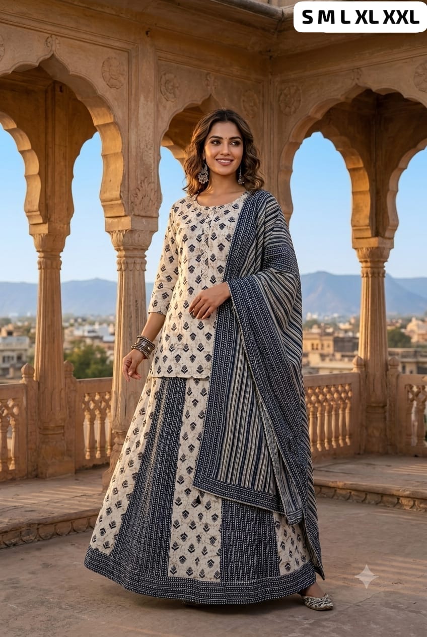 Readymade Cotton Kurti, Skirt & Dupatta Set
