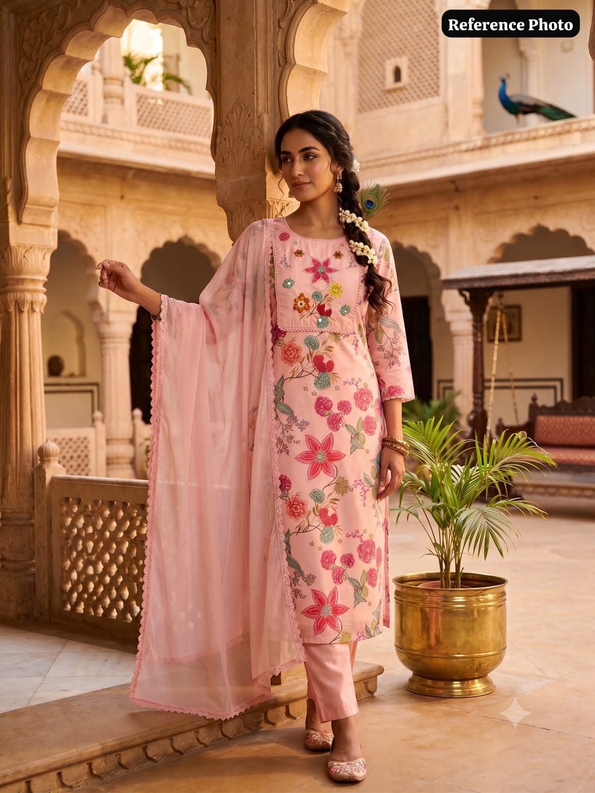 Readymade Embroidered Linen Cotton Suit with Chiffon Dupatta