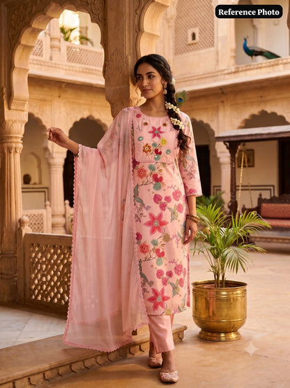 Readymade Embroidered Linen Cotton Suit with Chiffon Dupatta