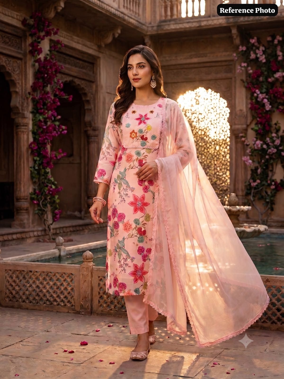 Readymade Embroidered Linen Cotton Suit with Chiffon Dupatta