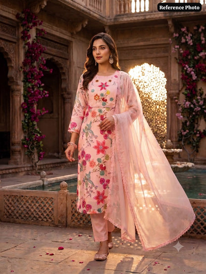 Readymade Embroidered Linen Cotton Suit with Chiffon Dupatta