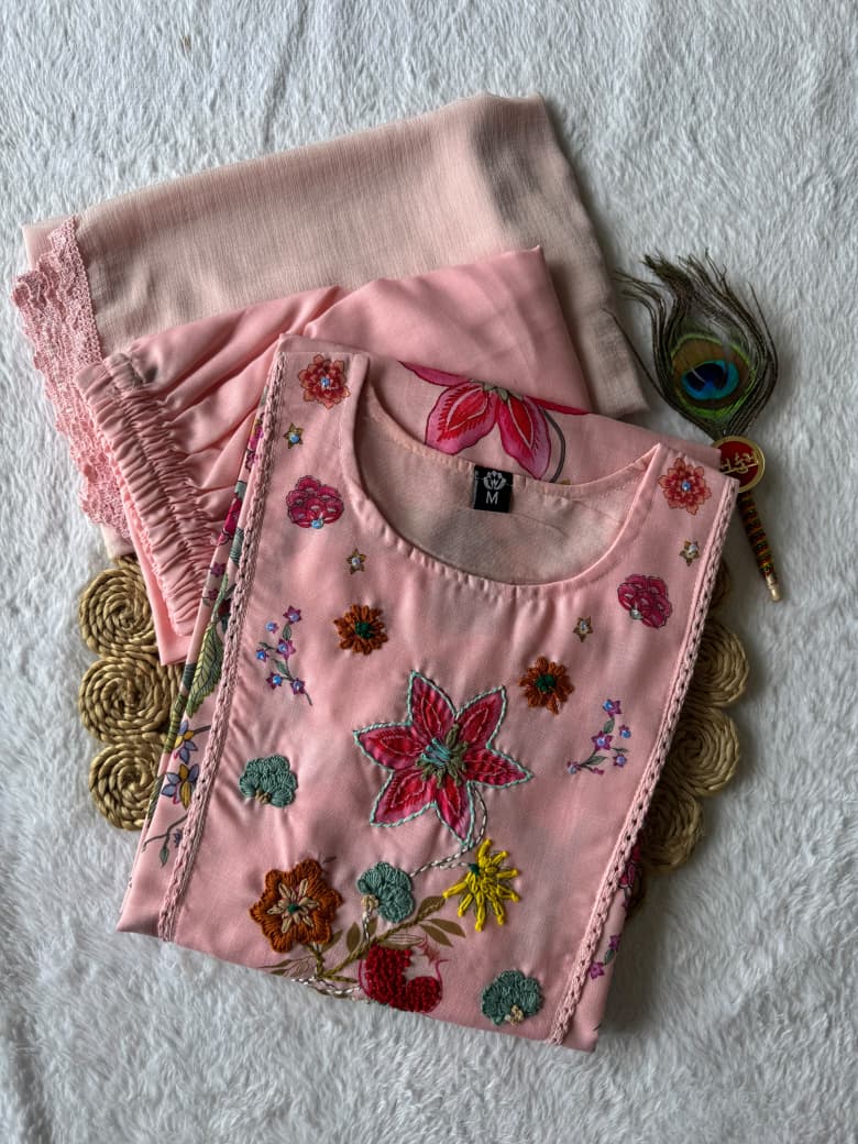 Readymade Embroidered Linen Cotton Suit with Chiffon Dupatta