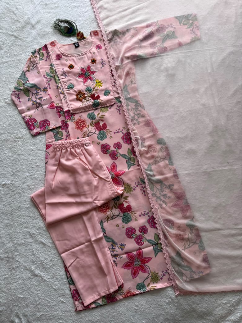 Readymade Embroidered Linen Cotton Suit with Chiffon Dupatta