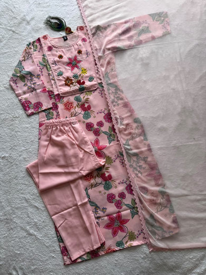 Readymade Embroidered Linen Cotton Suit with Chiffon Dupatta