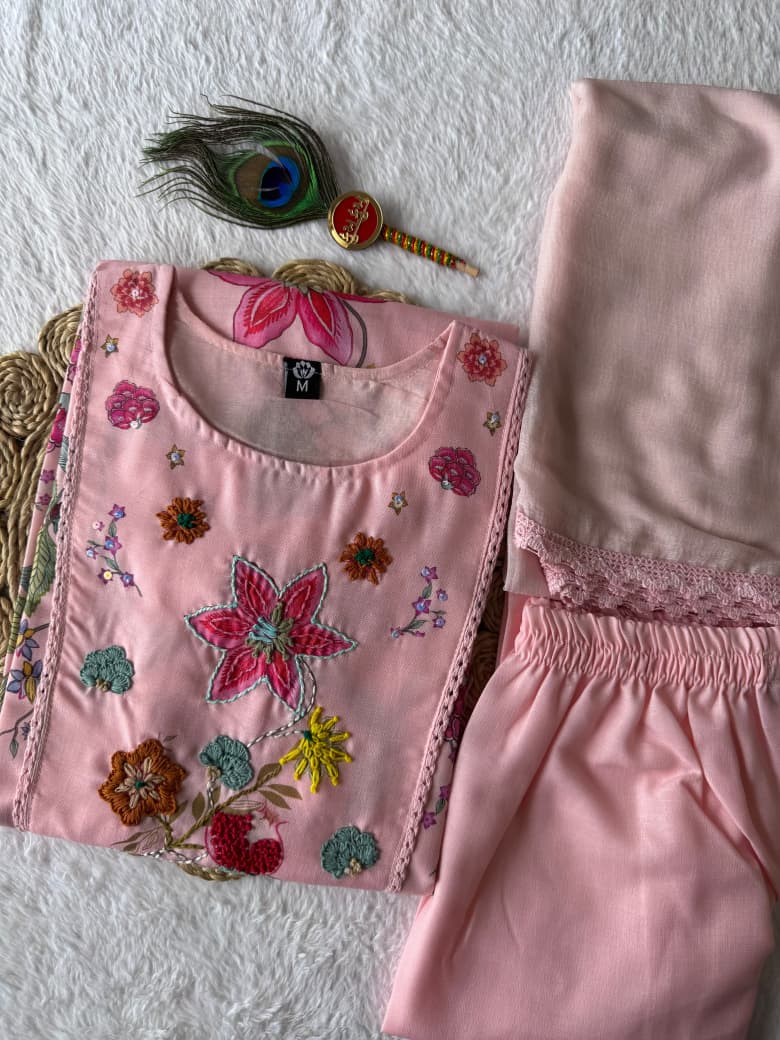 Readymade Embroidered Linen Cotton Suit with Chiffon Dupatta