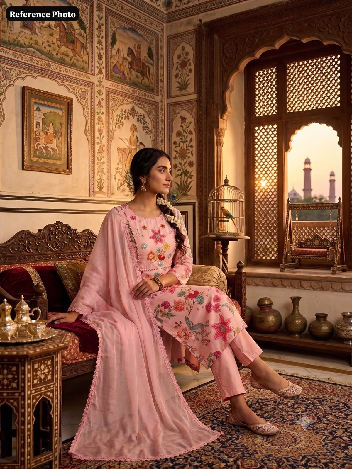 Readymade Embroidered Linen Cotton Suit with Chiffon Dupatta
