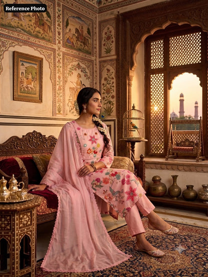 Readymade Embroidered Linen Cotton Suit with Chiffon Dupatta