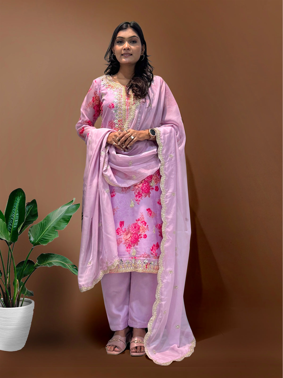Kundan Organza Floral Suit with Sequin Embroidery
