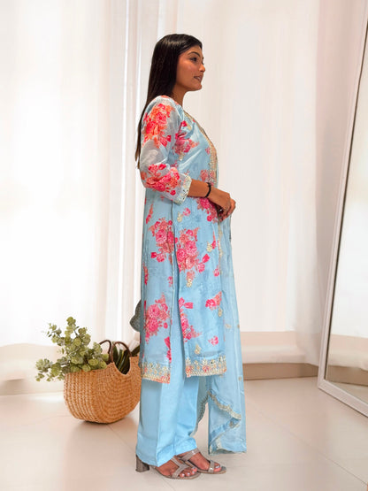 Kundan Organza Floral Suit with Sequin Embroidery