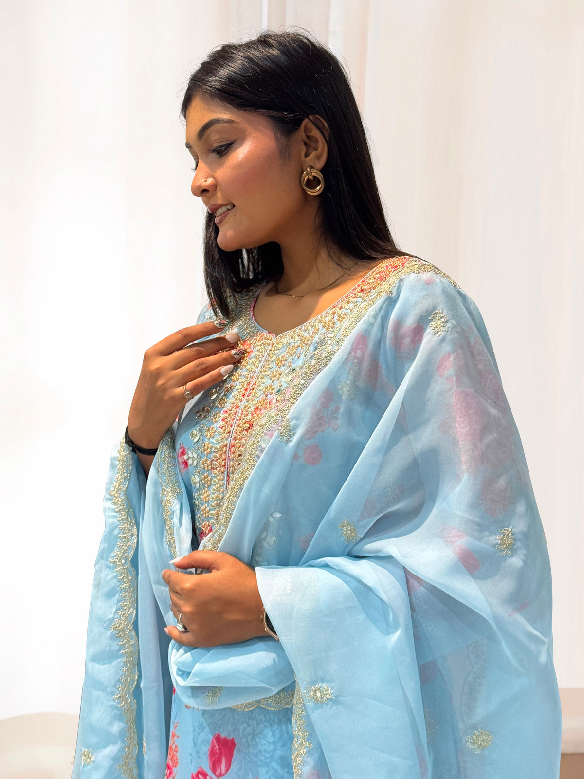 Kundan Organza Floral Suit with Sequin Embroidery
