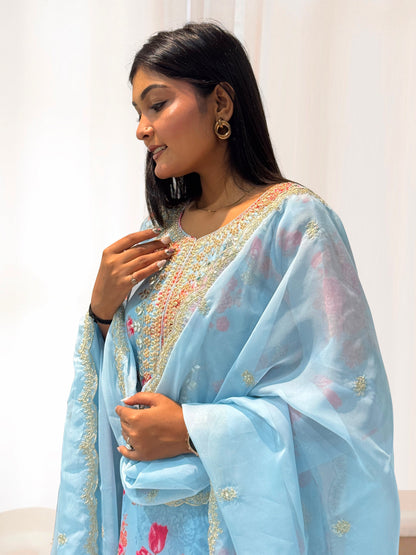 Kundan Organza Floral Suit with Sequin Embroidery