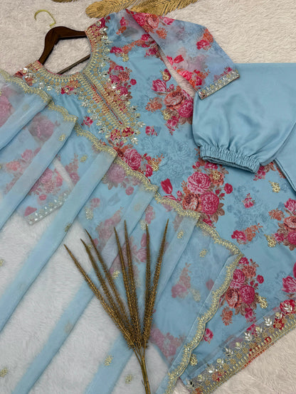 Kundan Organza Floral Suit with Sequin Embroidery