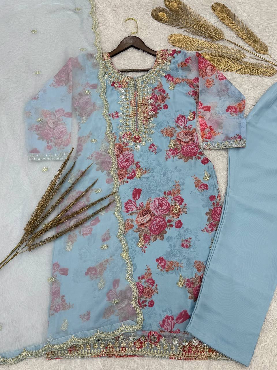 Kundan Organza Floral Suit with Sequin Embroidery