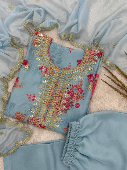 Kundan Organza Floral Suit with Sequin Embroidery