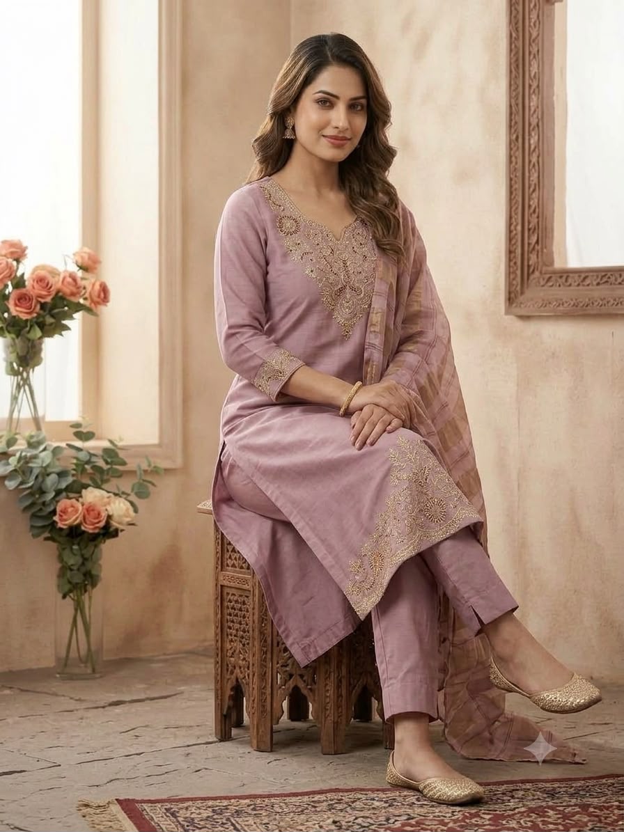 Readymade Roman Silk Sequin Embroidered Suit with Chanderi Silk Dupatta