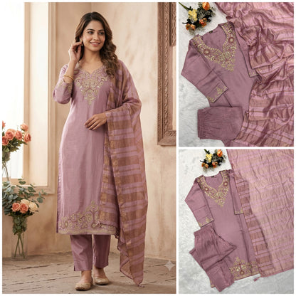 Readymade Roman Silk Sequin Embroidered Suit with Chanderi Silk Dupatta