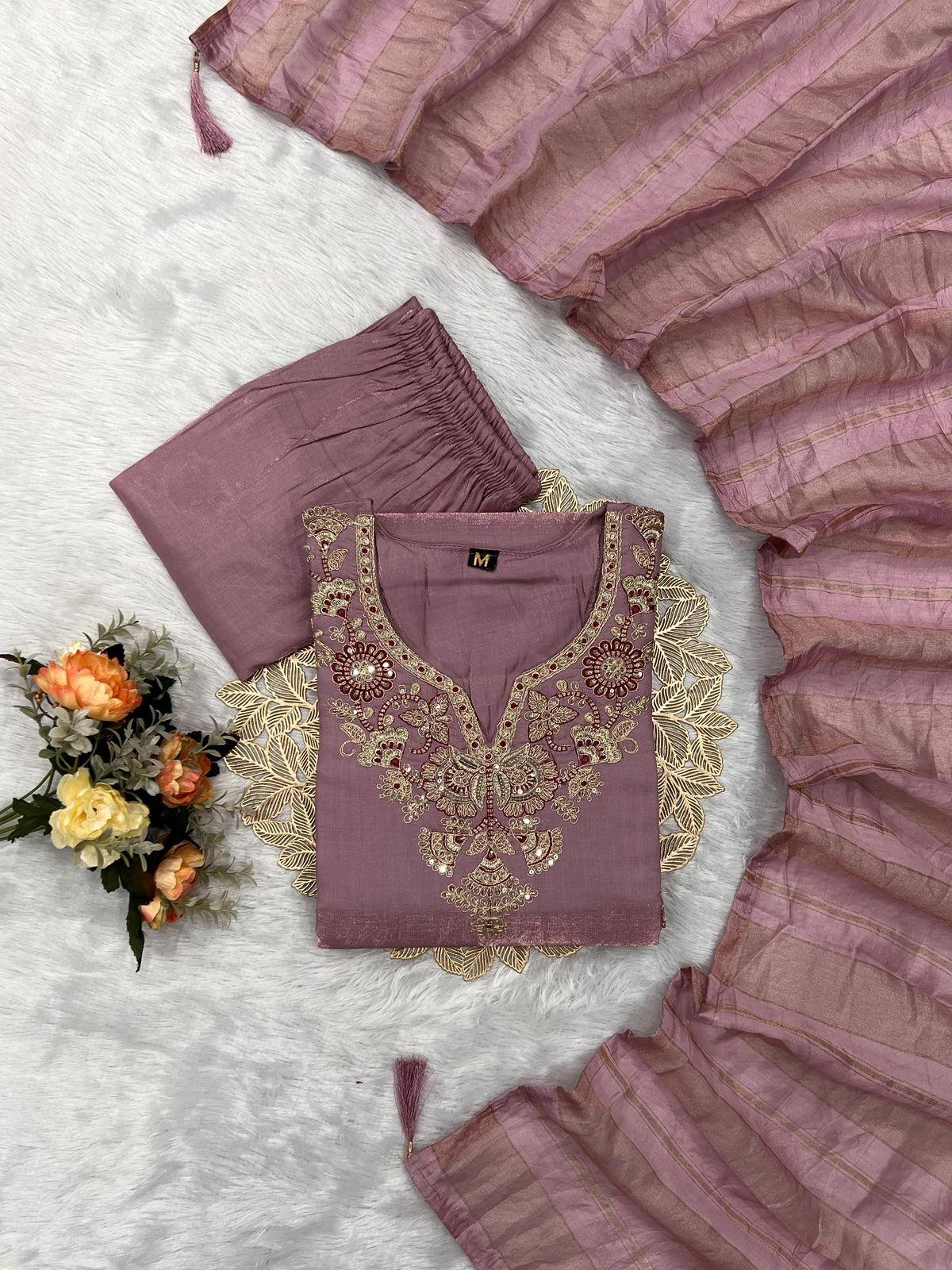Readymade Roman Silk Sequin Embroidered Suit with Chanderi Silk Dupatta
