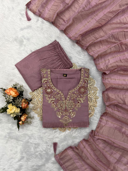Readymade Roman Silk Sequin Embroidered Suit with Chanderi Silk Dupatta