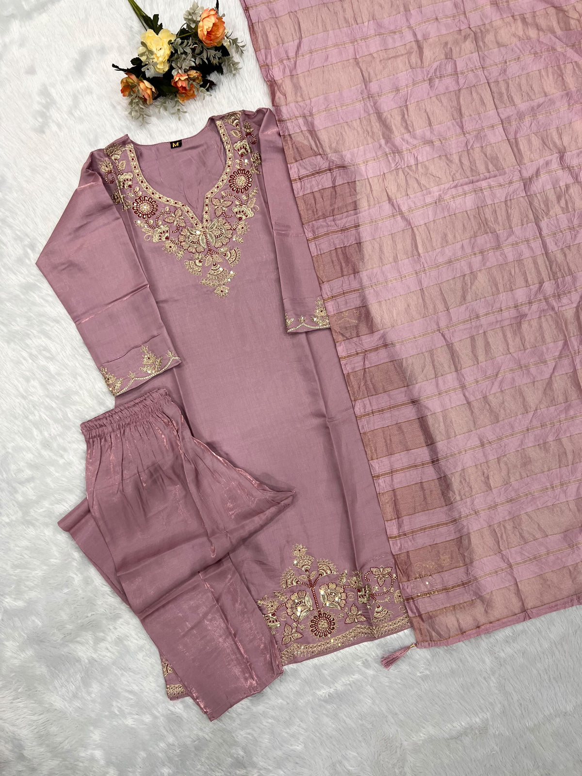 Readymade Roman Silk Sequin Embroidered Suit with Chanderi Silk Dupatta