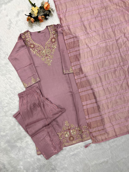 Readymade Roman Silk Sequin Embroidered Suit with Chanderi Silk Dupatta