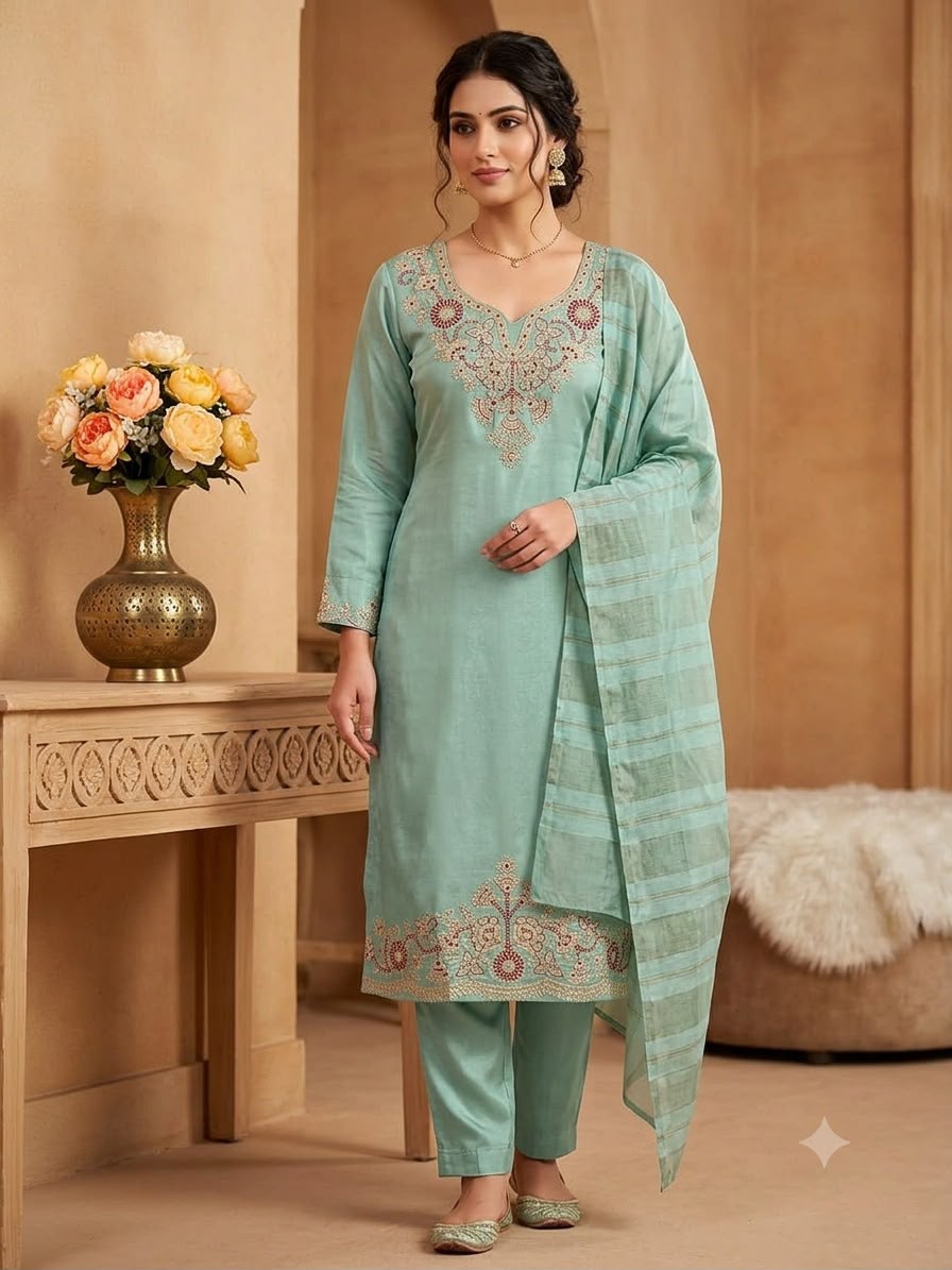 Readymade Roman Silk Sequin Embroidered Suit with Chanderi Silk Dupatta
