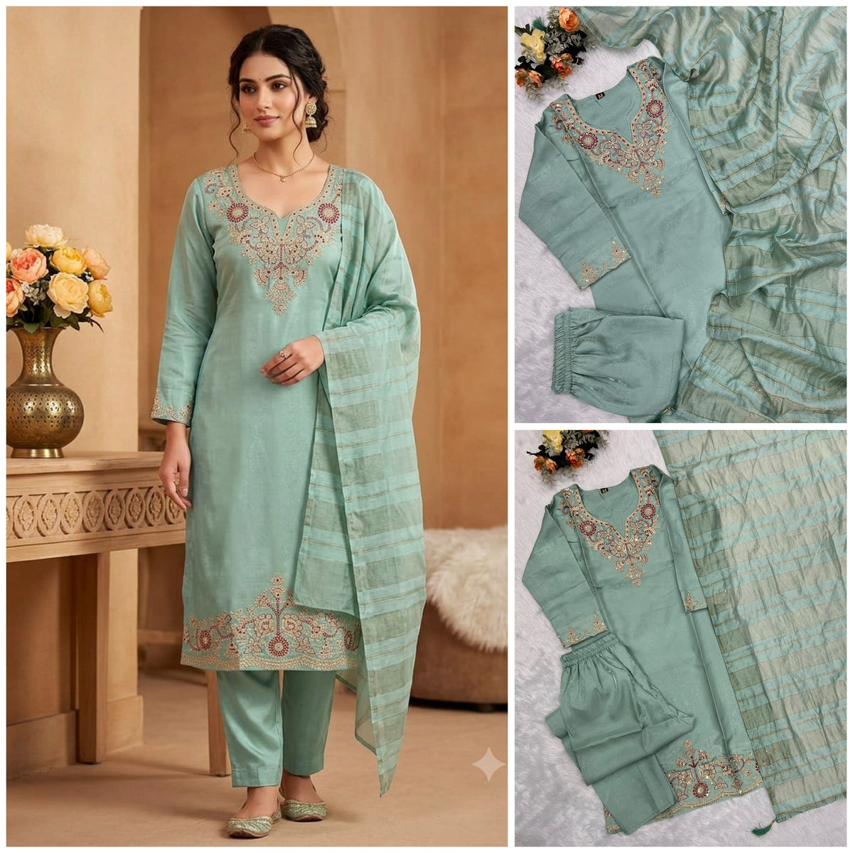 Readymade Roman Silk Sequin Embroidered Suit with Chanderi Silk Dupatta