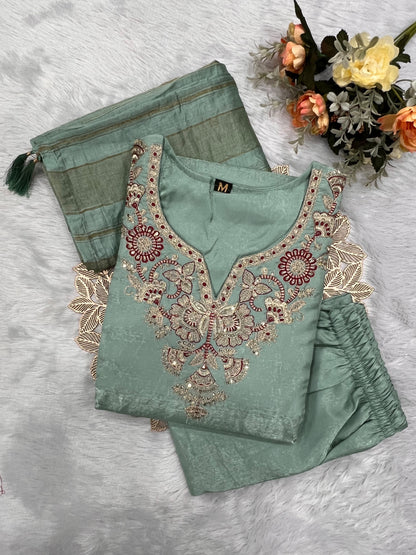Readymade Roman Silk Sequin Embroidered Suit with Chanderi Silk Dupatta