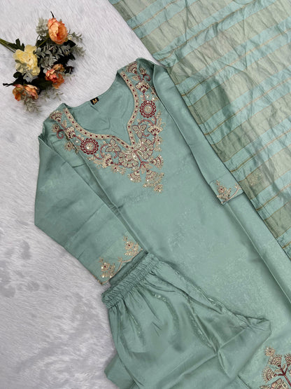 Readymade Roman Silk Sequin Embroidered Suit with Chanderi Silk Dupatta