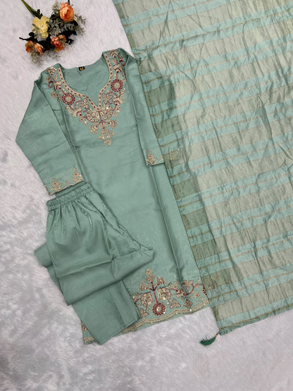 Readymade Roman Silk Sequin Embroidered Suit with Chanderi Silk Dupatta