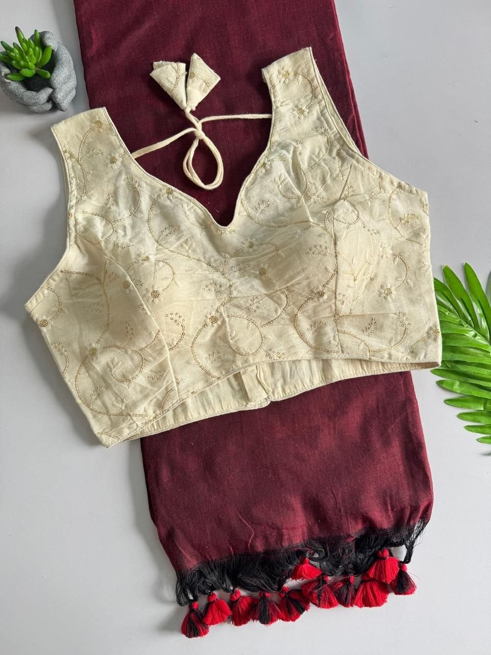 Khadi Cotton Plain Saree with Embroidered Readymade Blouse