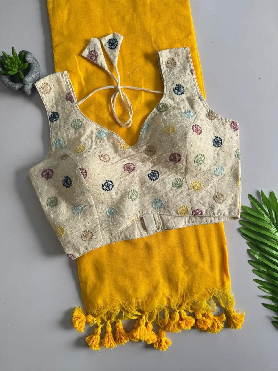 Khadi Cotton Plain Saree with Embroidered Readymade Blouse