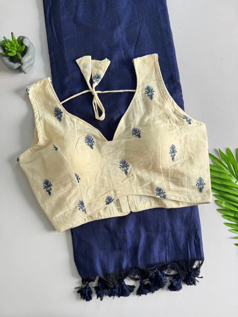 Khadi Cotton Plain Saree with Embroidered Readymade Blouse
