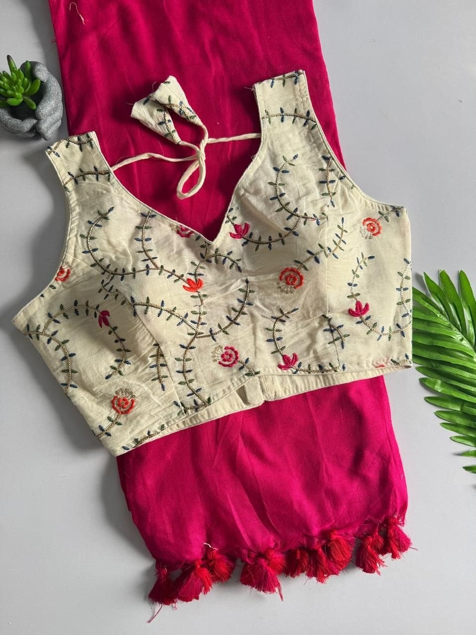 Khadi Cotton Plain Saree with Embroidered Readymade Blouse