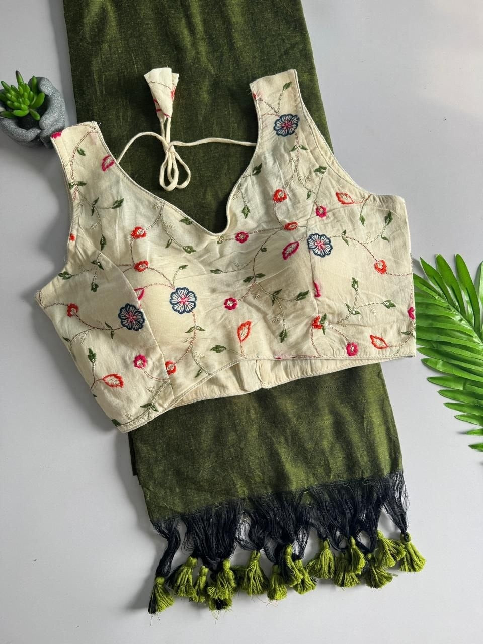Khadi Cotton Plain Saree with Embroidered Readymade Blouse